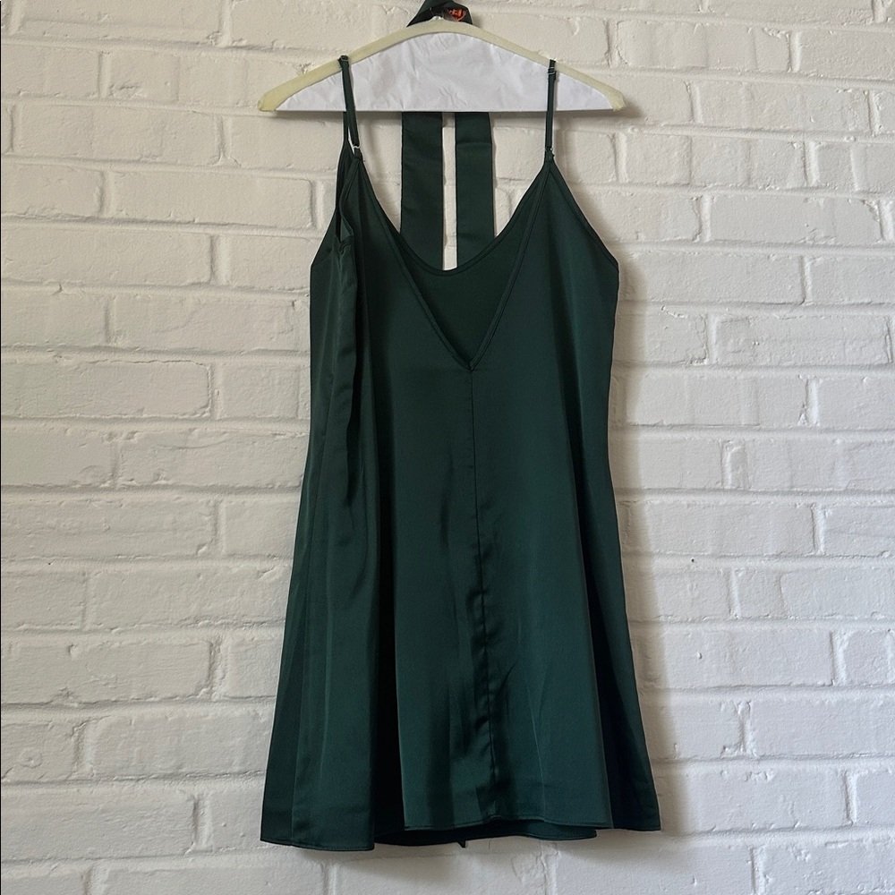 Silk Satin Dark Green Mini Dress with Matching Neck Tie
